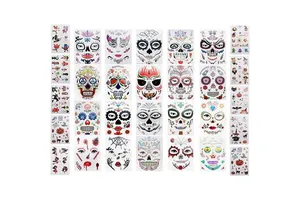 Halloween Temporary Glitter Red Roses and Day of the Dead Sugar Skull Face Tattoo Sticker for Red Roses and Skull Fans
