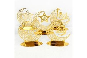 Acrylic Gold Star Moon Eid Mubarak Ornament LED Gold Hollow Ramadan Kareem Decor Muslim Islamic for Home Festival Party Supplies