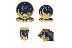 New Ramadan Party Supplies Eid Mubarak Tableware Disposable Paper Plates Cups Napkins Muslim Islamic Festival
