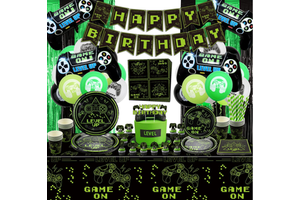 Video Game Birthday Party Tableware Paper Plates Cups Napkins Straws Tablecloth Flags Foil Balloons Tinsel Cake Toppers Supplies