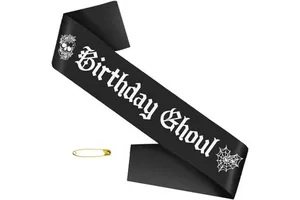 Black Birthday Ghoul Sash White Gothic Letters Halloween Ghost Spooky Design Satin Material Party Decoration for Indoor/Outdoor
