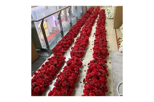 Popular Sale Wedding Decoration Red Flower Row Panel Wedding Supplies Table Centerpiece Artificial Red Rose Floral Runner