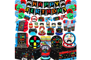Video Game Birthday Party Plate Cup Napkin Tablecloth Tableware Set Wristband Honeycomb Cake Toppers Flag Swirl Balloon Supplies