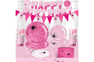 Halloween Pink Spider Web Theme Birthday Party Tableware Paper Plate Paper Cup Flag Pull Balloon Hanging Supplies