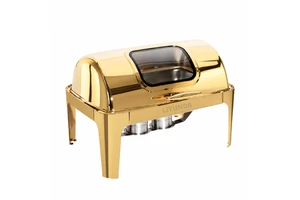 LIYUNDA Rectangle 9L Roll Top Chafing Dish Luxury Gold Stainless Steel Hydraulic Lid Visual Buffet Food Warmer Set For Catering