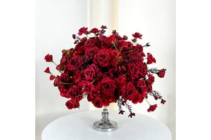 FL-305 Wedding Red Rose with Greenery Flower Ball Rose Floral Burgundy Table Centerpieces for Event Party Birthday Anniversary