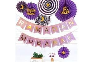 RAMADAN MUBARAK Purple Cardstock Swallowtail Paper Fan Flowers Stars Moon Ramadan Party Decoration Supplies