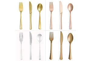 Factory Price Customizable Plastic Tableware Set, Gold/Silver Handle Disposable Cutlery Kits for Wedding Party Catering