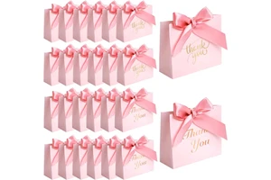 Party Favor Goodies Bag Pink Candy Treat Thank You Paper Gfit Bags with Bow Ribbon for Wedding Valentine's Day Birthday