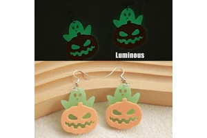 European American Luminous Acrylic Halloween Dangle Earrings, Cute Quirky Glowing Pumpkin & Ghost Drop Earrings For Women