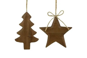 rustic wooden Christmas ornaments featuring classic holiday shapes, including a tiered evergreen armhouse gift wrap presentation