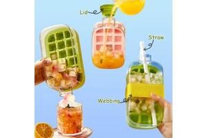2 in 1 Ice Water Drink Bottle Custom Summer DIY Storage Box Iced Fruit Drinks Ice Cube Maker Bottle Cooling Mold with Straw