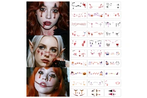 Halloween Face Stickers Temporary Tattoos Facial Makeup Blood Scar Clown Spider Ghost Bat Pumpkin Waterproof for Men and Women