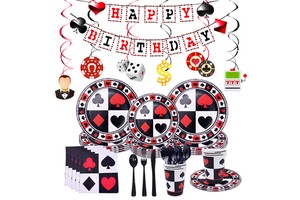 Nicro Casino Poker Game Themed Birthday Party Supplies Paper Cup Paper Plate Swirl Banner Cutlery Casino Party Tableware Set