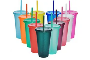 Wholesale Party Tumbler Logo Custom 24oz Clear Reusable Pp Coffee Glitter Plastic Cup With Lids And Straws