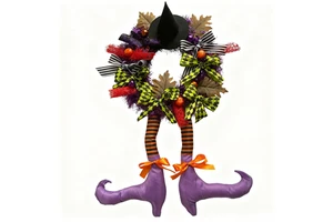 Artificial Modern Halloween Wreath Eco-Friendly Front Door Party Decoration with Witch Hat and Pumpkin