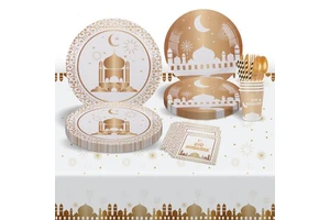 New Eid Mubarak Party Supplies Ramadan Tableware Disposable Paper Plates Tablecloth Muslim Islamic Festival