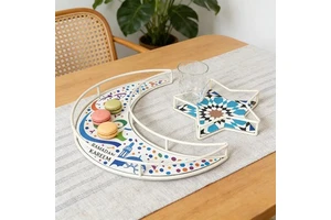 Ramadan Decorations Moon Star Metal Tray Set-'Ramadan Kareem' Printed Serving Tray for Iftar Party Table Decor