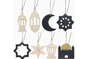 DAMAI Eid Muslim Wooden Ornaments Moon Star Lantern Hanging Decor for Ramadan Home Door Decoration