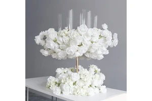 LFB2318 Luckygoods Wholesale White Rose Artificial Flower Set Wedding Table Centerpiece Flower Arrangement with Metal Stand