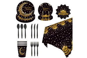 Bronzing Paper Ramadan Tray Set Ramadan Tableware with 8-Piece Cup Tablecloth Disposable Party Arrangement Supplies Model