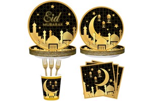 MorSun Ramadan Mubarak Supplies Eid Al-fitr Hari Raya Mosque Disposable Tablewares Black for 8-Persons