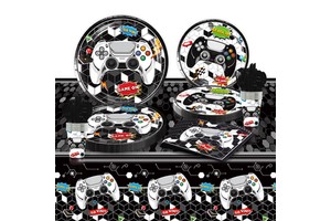 10 Guest Retro Gaming Party Supplies Set Black White Themed Disposable Tableware Kit Including Plates Cups Napkins Tablecloth