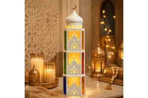 Wholesale Ramadan Lanterns 3-Tier Metal LED Light With Mosque Cutout For Ramadan Decorations Metal Fanoos With Crescent Moon