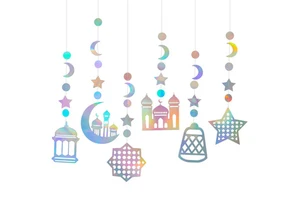 DAMAI Eid Ramadan Decorations Islamic Star Moon Mosques Hanging Decoration Streamers Ramadan Paper Banner for Party Supplies