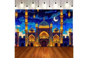 Ramadan Mubarak Decorations Ramadan Kareem Golden Domes Crescent Moon Backdrop Banner Eid Mubarak Background Muslim Supplies