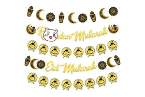 Muslim Ramadan Party Supplies Decorations Black Gold Eid Mubarak Celebration Decoration Banner for Muslim Ramadan Mubarak Party