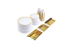 100 Guests Premium Eco Friendly Luxury Gold Rim Disposable Plastic Dinnerware Sets With Cutlery For Wedding Banquet Serving