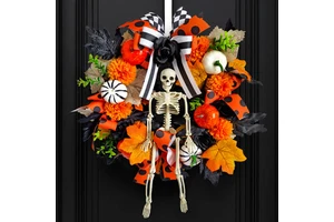 Maple Leaf Pumpkin Skull Skeleton Withered Branches Wreath Plastic Easter Artificial Flower Vine Door Hanging Horror Decoration