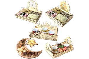 Wholesale Wood Crafts Islamic Decor Food Storage Trays Ramadan Decorations Gifts Moon Star Eid Mubarak Wooden Ramadan Tray