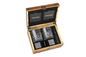 Retro Burn Wood Box Whiskey Glasses With Whiskey Stones And Slate Coaster In Wooden Box Kit Chilling Stones Set For Man Gift