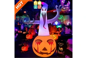 Giant Halloween Inflatable Scary Pumpkin Ghost with Built-in LED Light for Indoor Party Garden Lawn Decor Toy