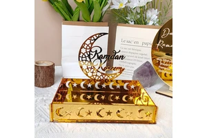 Hot Selling Custom Gold Acrylic Modern Ramadan Kareem Tray with Silk-Screen Printing for Muslim Party Supplies