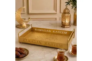 Wholesale Double-Sided Cutout Design Gold Ramadan Eid Mubarak Iron Serving Tray With Handles For Ramadan Table Decoration