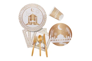 Ramadan Eid Mubarak Party Supplies Tableware Set White Gold Plates Napkins for Ramadan Party Decorations Celebration