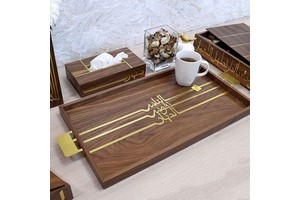 Middle East Arab Holiday Home Snack Tray Ramadan Supplies Rectangular Tray Wooden Material With Metal Handles