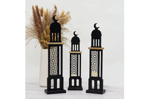 DAMAI Eid Moubarak Decor Moon Tower Ornaments Star Moon Castle Wooden Craft Standee Desktop Supplies for Festival Decoration