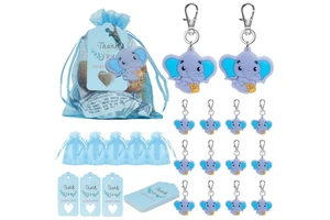 DAMAI 30 Pack Elephant Party Return Favors with 30 Blue Baby Elephant Keychains 30 Thank You Tags and 30 Gift Bags for Elephant