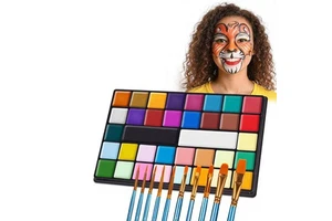 Face Painting 36 Colors Kit-10 Professional Brushes 30 Reusable Stencils Halloween Party Birthday Christmas Beauty