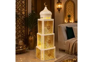 Wholesale Ramadan LED Lantern Tower White Gold Three Tier Floor Standing Large Islamic Ramadan Eid Decoration