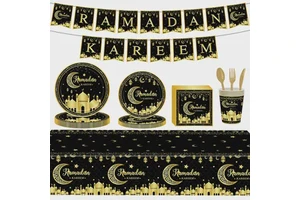 Black Gold Crescent Moon Lantern Ramadan Eid Party Disposable Supplies Set for Islamic Festival Decoration