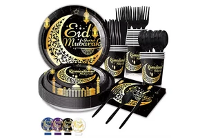 New Ramadan Mubarak Eid Mubarak Tableware Disposable Paper Plates Tablecloth Ramadan Party Supplies Muslim Islamic Festival