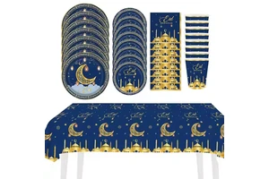 Modern Eid Mubarak Party Supplies for Ramadan Tableware Set with Paper Plates Cups Napkins Party Favors