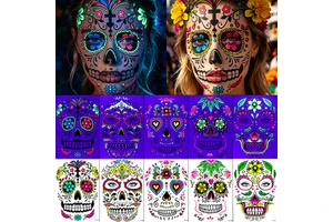 Wholesale Fluorescent Halloween Face Tattoo Sticker UV Glow Sugar Skull Day of the Dead Waterproof Temporary Party Makeup