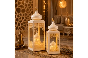 White Gold Ramadan Eid Lantern Set With LED Light Moroccan Islamic Home Decor For Eid Festival Wholesale