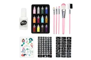 Kids Adult Party Glitters Makeup Brushes Set 12 Color Face Body Temporary Stickers Glitter Tattoo Kit